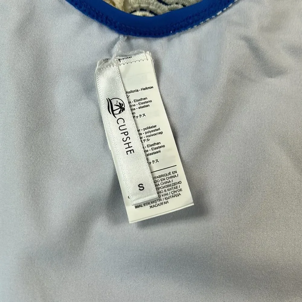 Cupshe lace plunge blue and cream one piece swimsuit,‎ size small